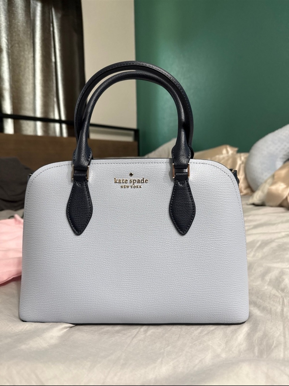 kate spade baby blue and navy Dome Satchel with Gold Logo
